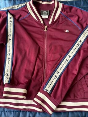 Vintage Champion Maroon Track Crop Jacket with White & Navy Logo Taping